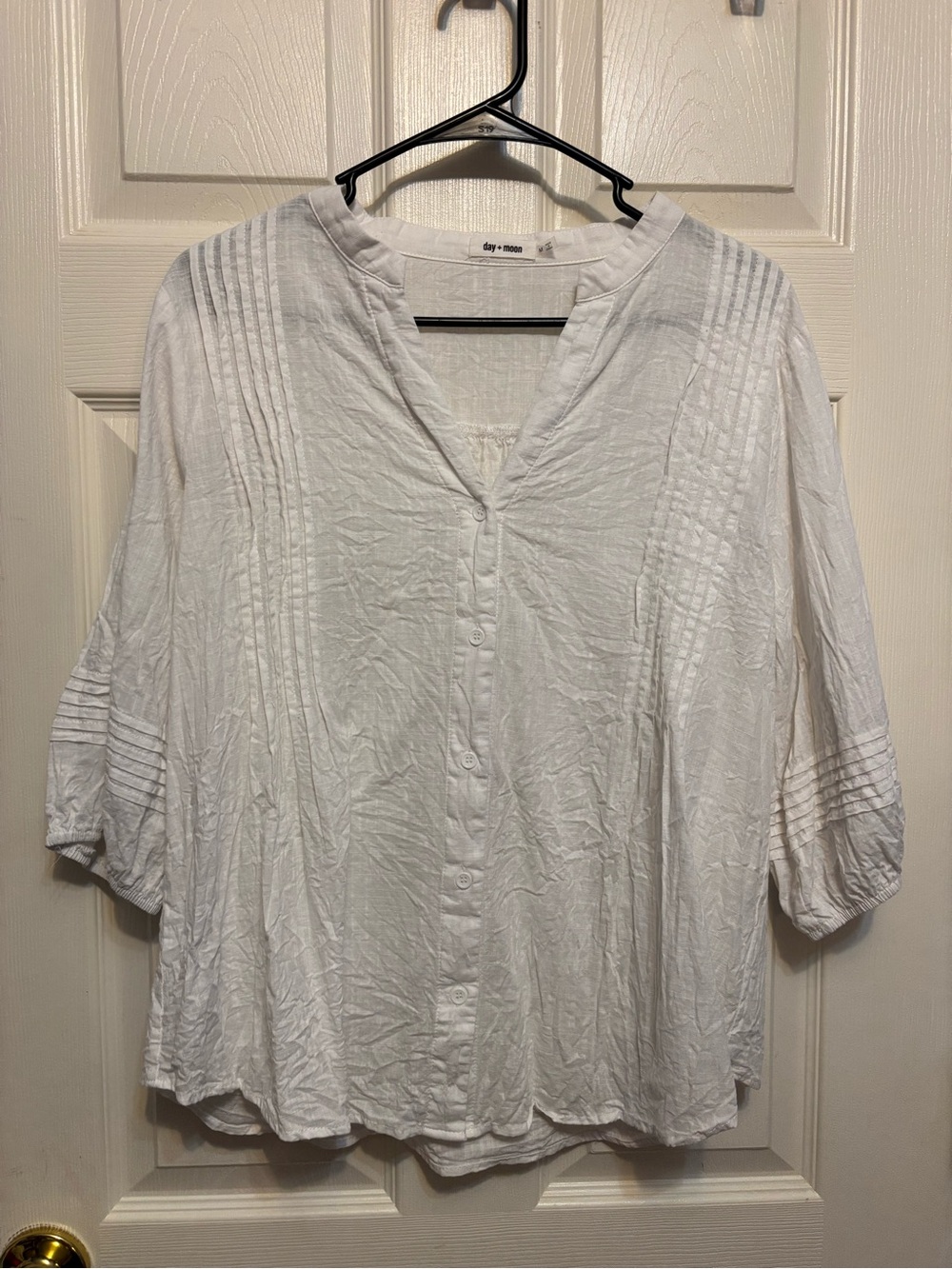 Day + Moon White Pintuck Blouse Split V-Neck Gauzy Boho Top - Medium